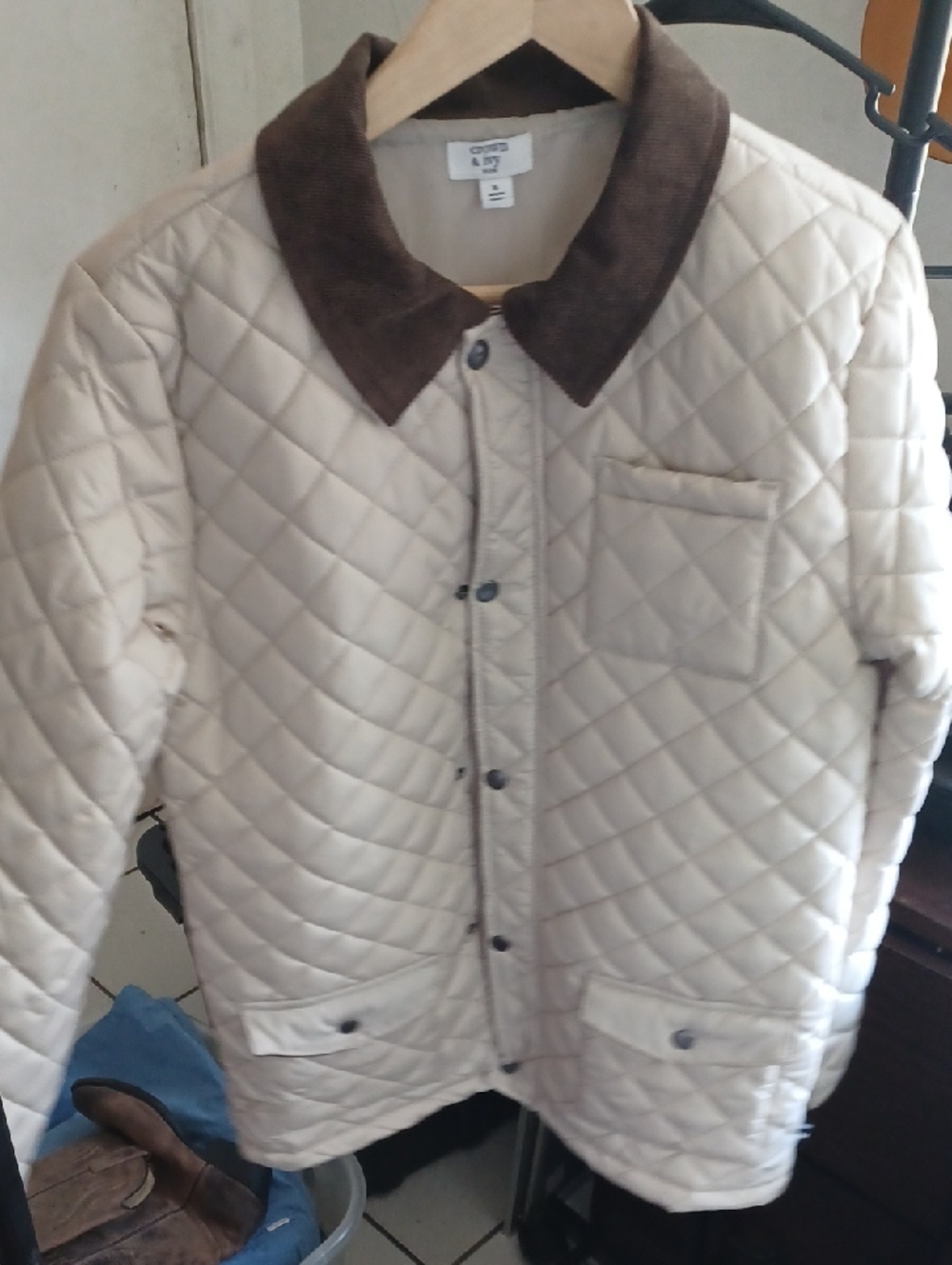 crown & ivy Cream Quilted Jacket with Brown Corduroy Collar